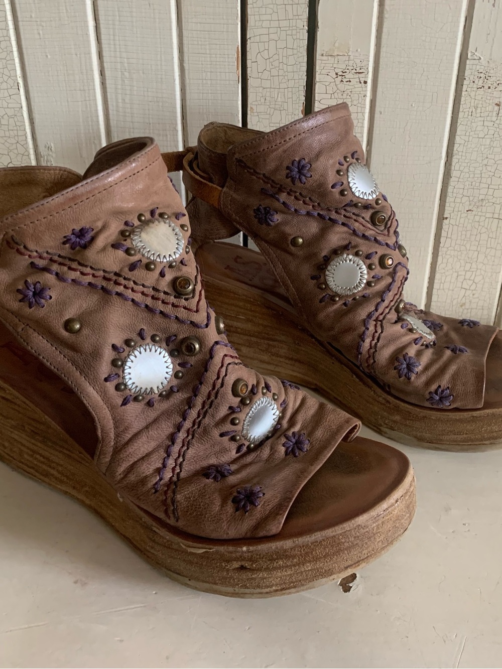 AS98 Boho Brown Leather Wedge Sandals Size 39